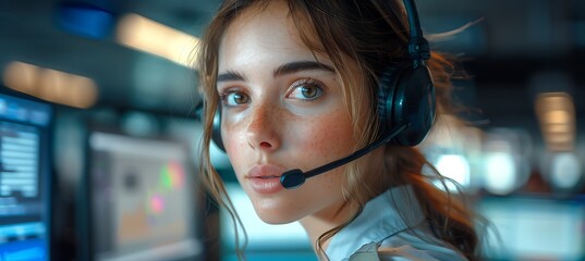 female security worker in uniform, talking on wireless headset at control room, intense moment