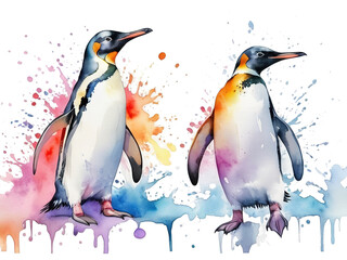 Cute 2 penguin watercolor beautiful. colorful, splash color illustration. isolated background
