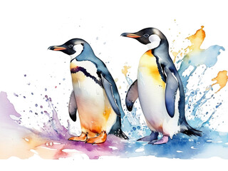 Obraz premium Cute 2 penguin watercolor beautiful. illustration colorful, splash color. isolated background