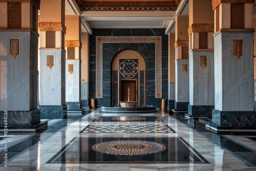 Poster a room with a marble floor and a door. suitable for interior design concepts