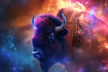 Whimsical Colorful bison space. Mammal animal. Generate Ai