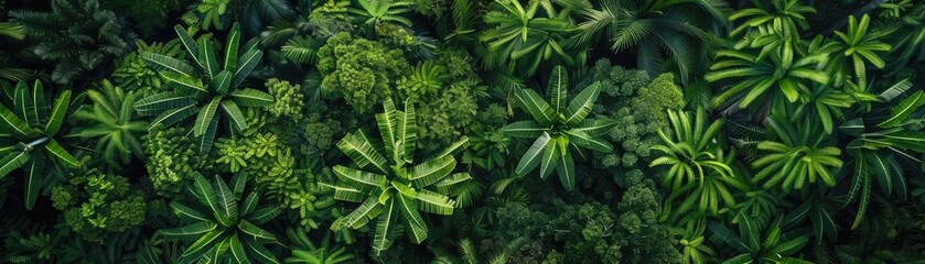 Aerial view of dense tropical rainforest with vibrant green foliage and various palm trees, creating a lush and vibrant natural canopy.