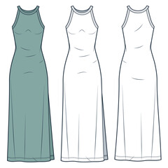 Tank Top Dress technical fashion illustration. Women's Maxi Dress fashion flat technical drawing template, crew neckline, straps, side slit, front and back view, white, green, women CAD mockup set.