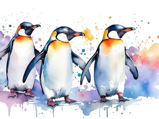 Fototapeta premium penguin watercolor illustration colorful, splash of color. isolated white background