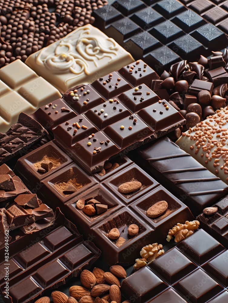 Aufkleber Assorted chocolate bars in various flavors and types neatly arranged on a table. Generative AI