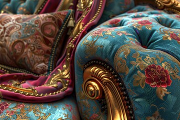 Detailed shot of a luxurious blue and gold couch, perfect for interior design projects