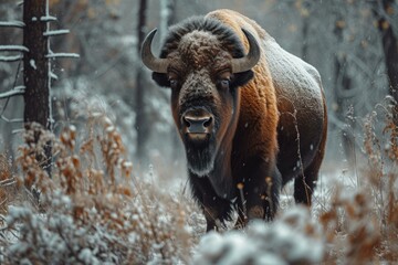Dense Bison animal snow forest. Park animal. Generate Ai