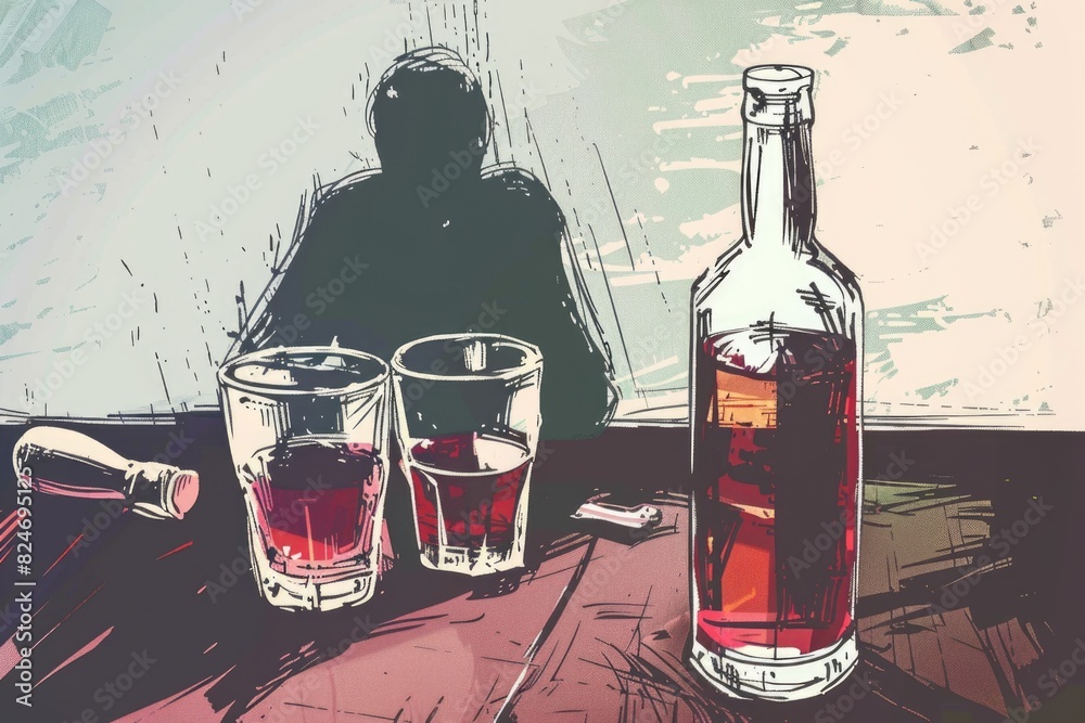 Poster a bottle and two glasses placed on a table. suitable for food and beverage concepts