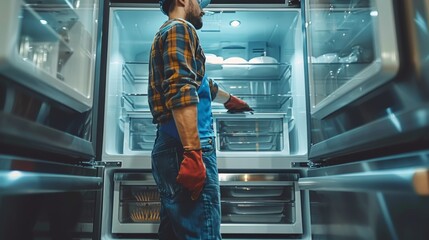 A technician repairing a fridge, with the interior of an expensive. Generative AI.