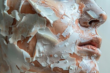 Close-up of a woman's face covered in white paint. Suitable for beauty or fashion concept