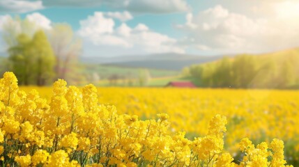Obraz premium A Beautiful Field Of Yellow Flowers With A Distant Red Barn And Rolling Hills In The Background.