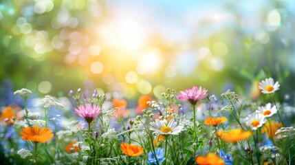 A Beautiful Shot Of A Field Of Flowers In Full Bloom, With A Bright Sun In The Background.
