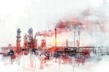A painting of a factory with smoke coming out of it. Suitable for industrial and environmental themes