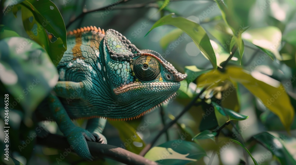 Poster A chameleon sitting on a tree branch. Suitable for nature or wildlife themes