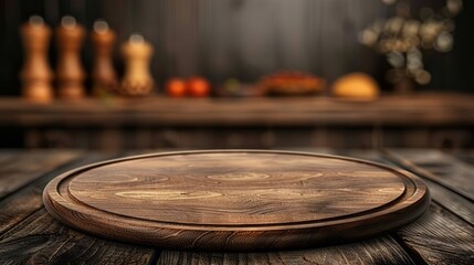 Obraz premium Round Wooden Cutting Board On A Wooden Table Against Blurred Background Of A Kitchen.