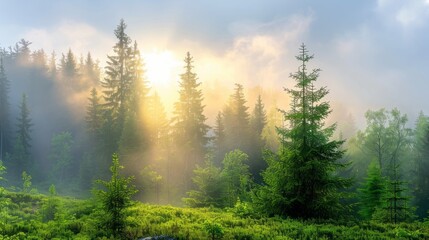 The Sun Shines Through The Trees In A Beautiful Misty Forest Landscape.
