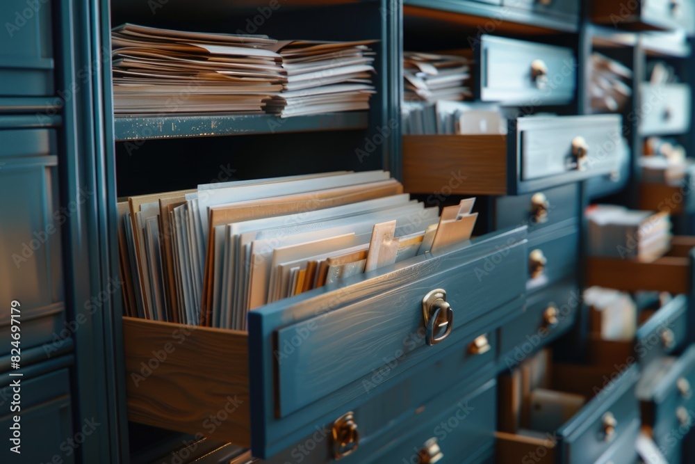 Poster a filing cabinet filled with lots of files. perfect for office and organization concepts