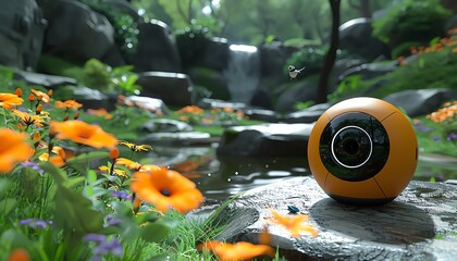 Orange sphere camera in a lush, green forest setting with a waterfall in the background.
