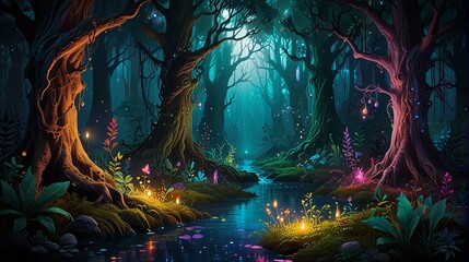 illustration of magical forest scene ai generated