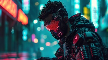 Cyberpunk lone rebel on neon-soaked street image. Contemplative stance. Technology and street fashion photography scene wallpaper. Science fiction concept photorealistic photo