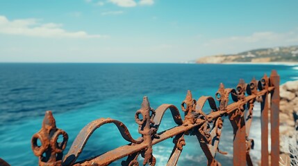 A rusty fence with a blue sea in the backgroundRusty iron railing, beautiful sea and sky landscape view between rusty railing gap, - Powered by Adobe
