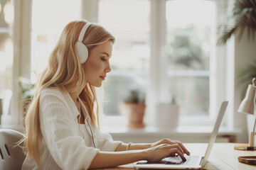 Fototapeta premium Close-up portrait of a customer service agent or online English teacher sitting at office