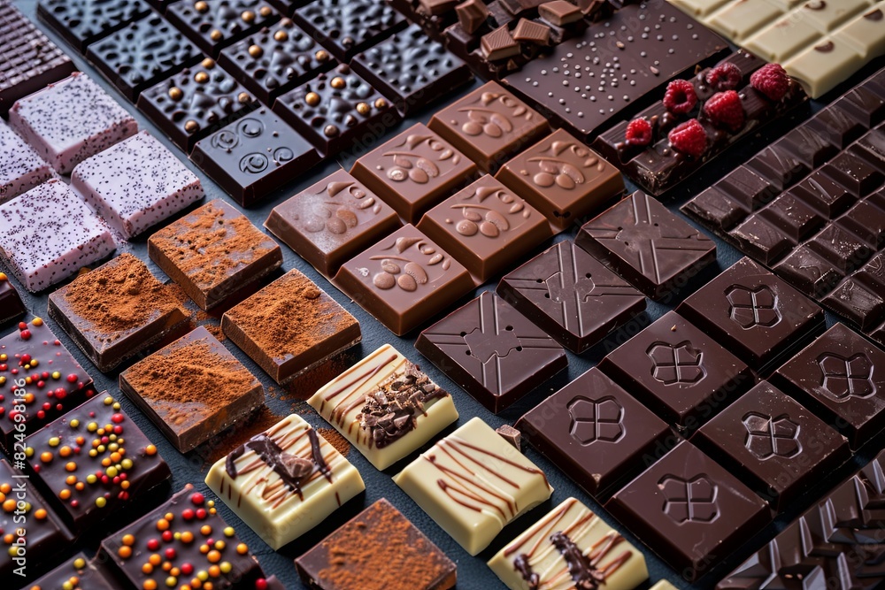 Poster Various types of chocolate bars, each with distinct flavors and textures, neatly arranged on a table. Generative AI