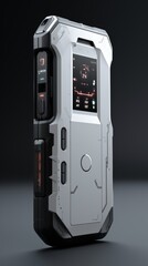 Portable quantum device in a silent, compact design from a side view highlighting mobile computing in a Cyberpunk tone with a Black and White color scheme