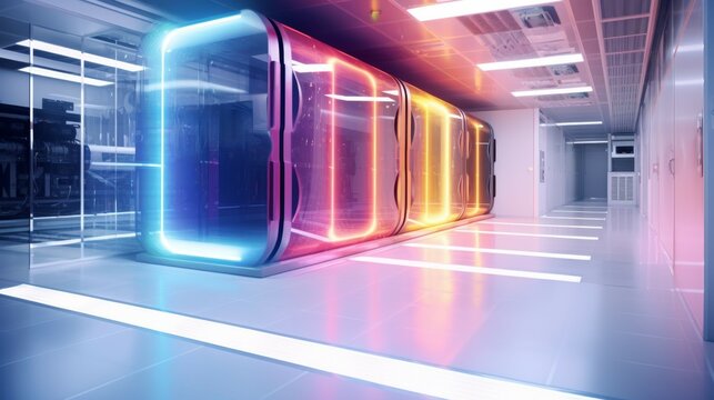 Quantum bits in operation in a futuristic clean room from a side view emphasizing noiseless quantum activity in a Futuristic tone with a Tetradic Color Scheme