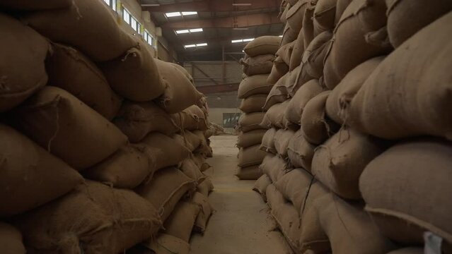 Bags of grain coffee in a warehouse in Ethiopia, slow motion