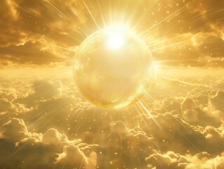 A glowing golden sun radiates light above a sea of clouds, creating a heavenly and ethereal atmosphere.