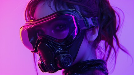 Cyberpunk respirator woman highlighted by purple pink lighting closeup image. Post apocalyptic female close up photography marketing. Science fiction concept photo realistic