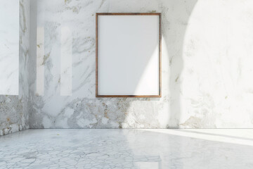 Ultra high definition 3D render of a blank mockup frame in a room with a white wall and an alabaster floor. High-quality image.