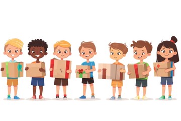 A group of children carrying box gifts and illustrations