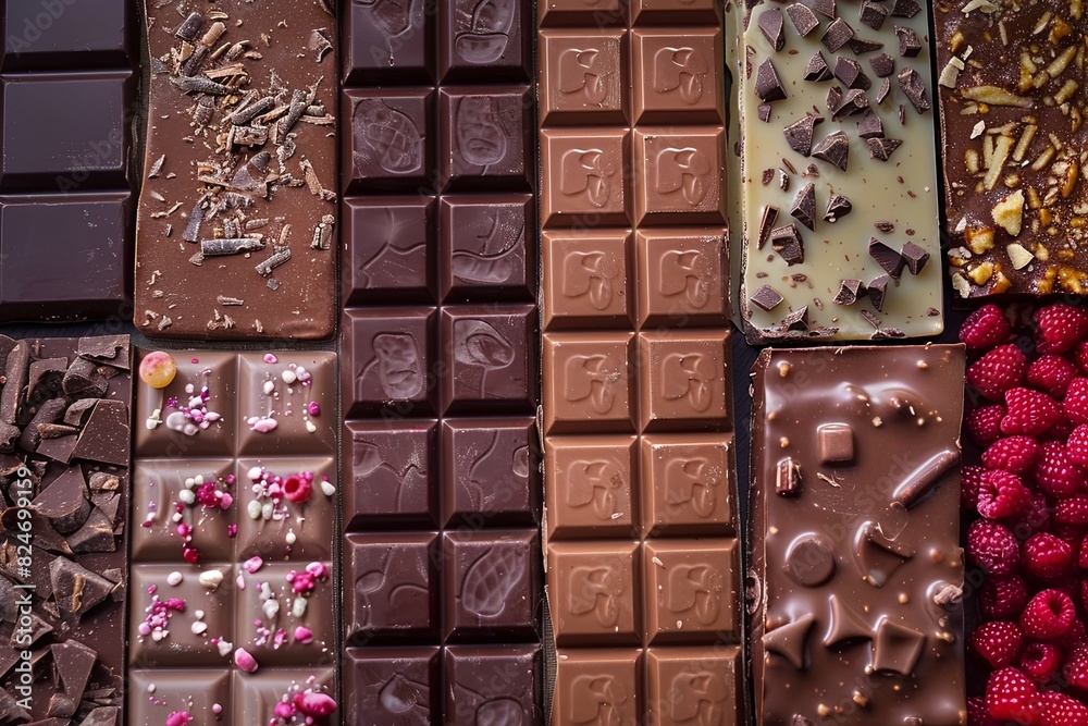 Poster Various chocolate bars and fresh raspberries neatly arranged on display at a confectionery. Generative AI
