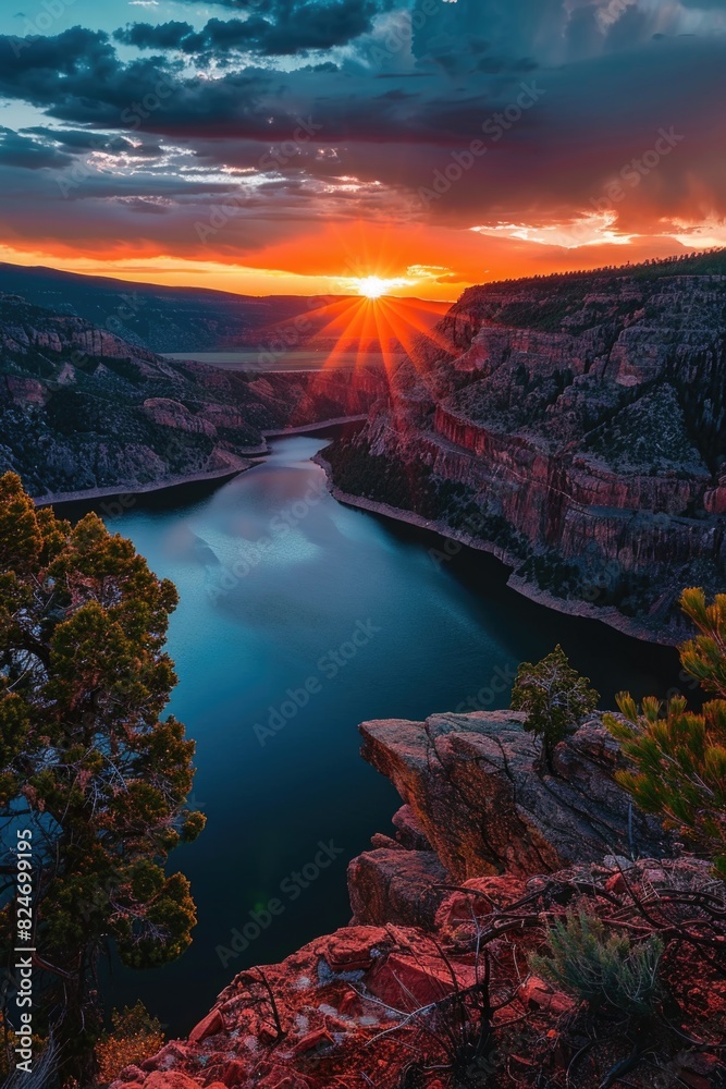 Poster scenic view of sun setting over a tranquil lake in the mountains. suitable for travel and nature the