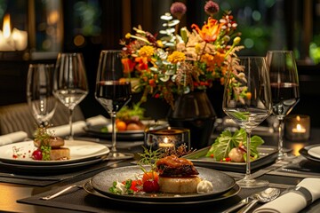 Haute cuisine of scene beautifully decorated dining table with gourmet dishes, fine wines, and elegant table settings, vibrant and luxurious