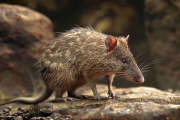 A brown rat sitting on top of a rock. Suitable for animal and wildlife concepts