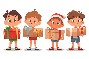 A group of children carrying box gifts and illustrations