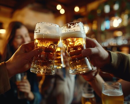 Group friends enjoying a pilsner beer tasting session in a cozy pub, glasses raised in a toast, warm lighting, lively atmosphere