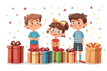 A group of children carrying box gifts and illustrations