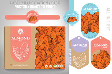 Complete almond packaging design set featuring modern illustrations, labels. Perfect for farms, grocery stores, and specialty food brands seeking an eco-friendly and professional presentation.