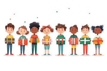 A group of children carrying box gifts and illustrations