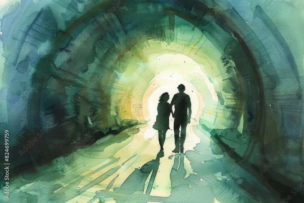 Poster a painting of two individuals walking through a tunnel. suitable for illustrating teamwork or journe