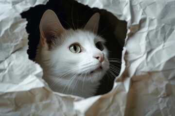 A curious white cat peeks through a hole in a piece of paper. Great for pet and curiosity concepts