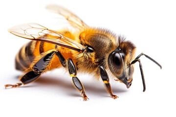 Close-up image of a honeybee with vivid detail against a white background, showcasing its intricate body and delicate wings.