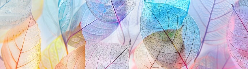 A detailed closeup of transparent skeleton leaves, each with intricate veins and delicate petal shapes, in various shades of blue, purple, green, yellow, and pink, creating an abstract pattern on the 