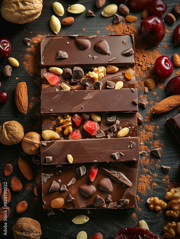 Poster detailed close-up of a chocolate bar loaded with various nuts, showcasing rich textures and natural 