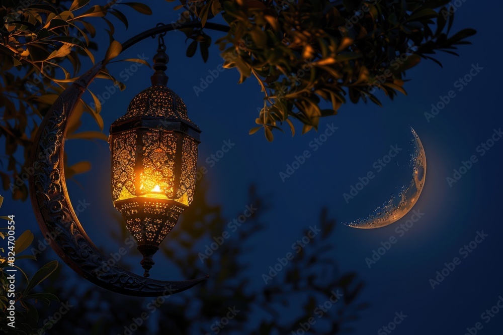 Poster a lantern hanging from a tree with the moon in the background. suitable for outdoor and nature-theme