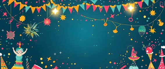 Vibrant Carnival Party Background with Whimsical Doodle Border Design and Blank Space for Mockup